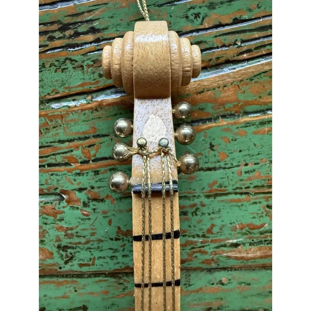Vintage Violin Ornament Wood Leaf‎ Design Gold Tone Strings and Hanger Christmas